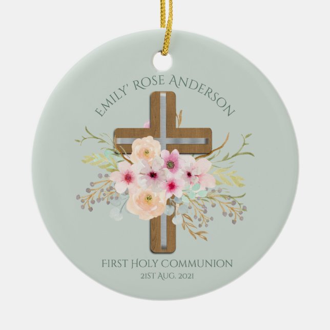Personalisiertes Heiliges Kommunion Blumenkreuz Keramik Ornament (Vorne)