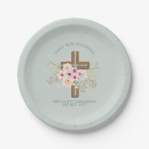 Personalisiertes Heiliges Kommunion Blumenkreuz Pappteller