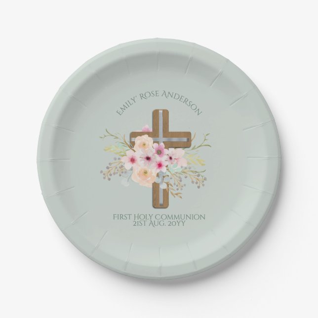 Personalisiertes Heiliges Kommunion Blumenkreuz Pappteller (Vorderseite)