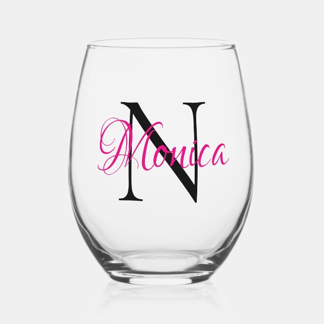 Personalisiertes Heiß-Rosa und Schwarzes Monogramm Weinglas Ohne Stiel (Vorderseite)