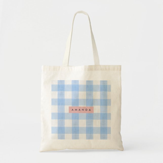 Personalisiertes Hellblaues Gingham in sanften Pas Tragetasche (Vorne)