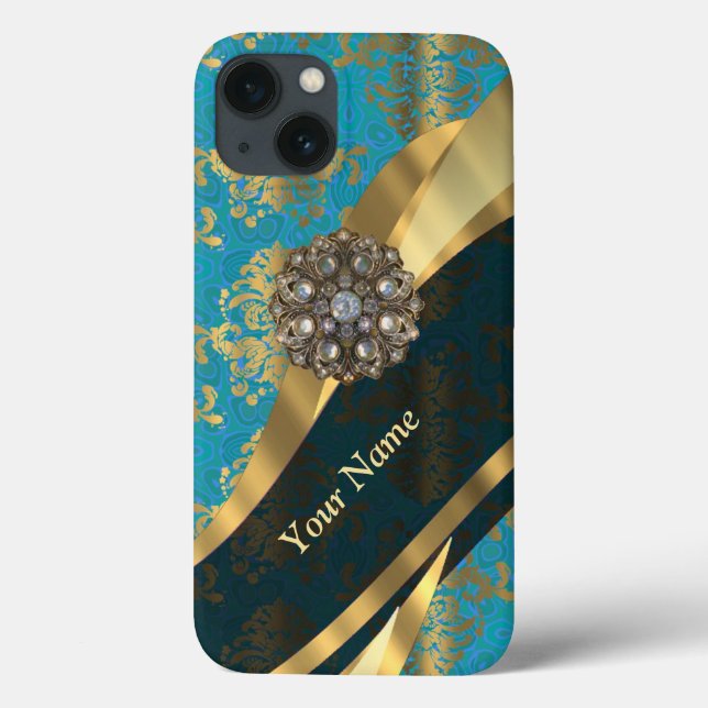 Personalisiertes hellblaues Vintages Damastmuster Case-Mate iPhone Hülle (Rückseite)