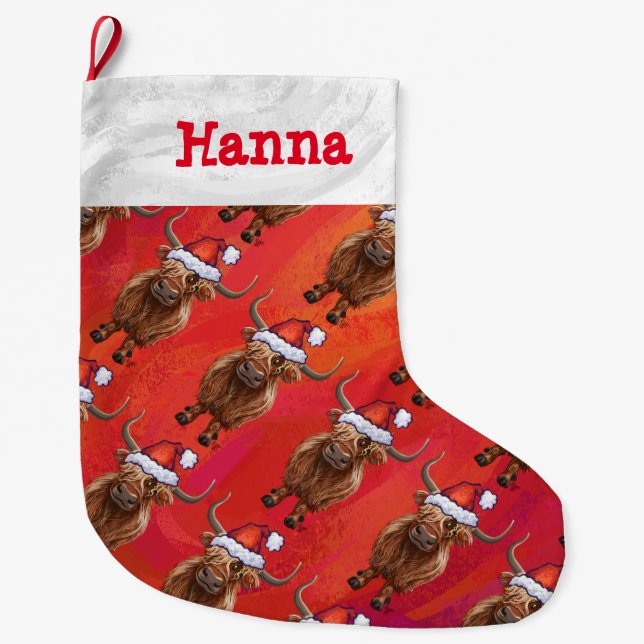 Personalisiertes Highland in Weihnachtsmannmütze M Großer Weihnachtsstrumpf (Vorderseite)
