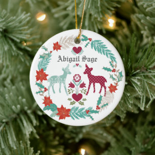 Personalisiertes Hirsch- und Kräuterjunges 1. Keramikornament