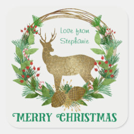 Personalisiertes Hirsch und Pine Bough Weihnachtsf Quadratischer Aufkleber