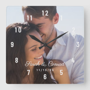 Personalisiertes Hochzeitsdatum-Foto Quadratische Wanduhr