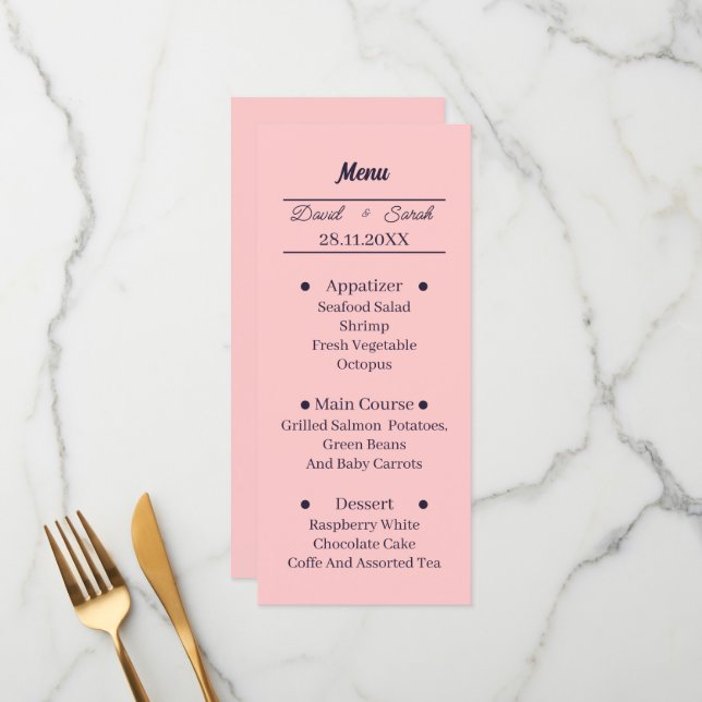 Personalisiertes Hochzeitsessen mit einfachem Pfir Menükarte (Vorderseite/Rückseite Beispiel)