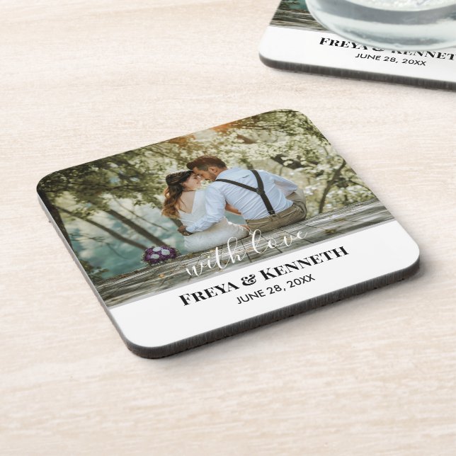 Personalisiertes HochzeitsFoto mit Liebe - Weiße T Getränkeuntersetzer (Linke Seite)