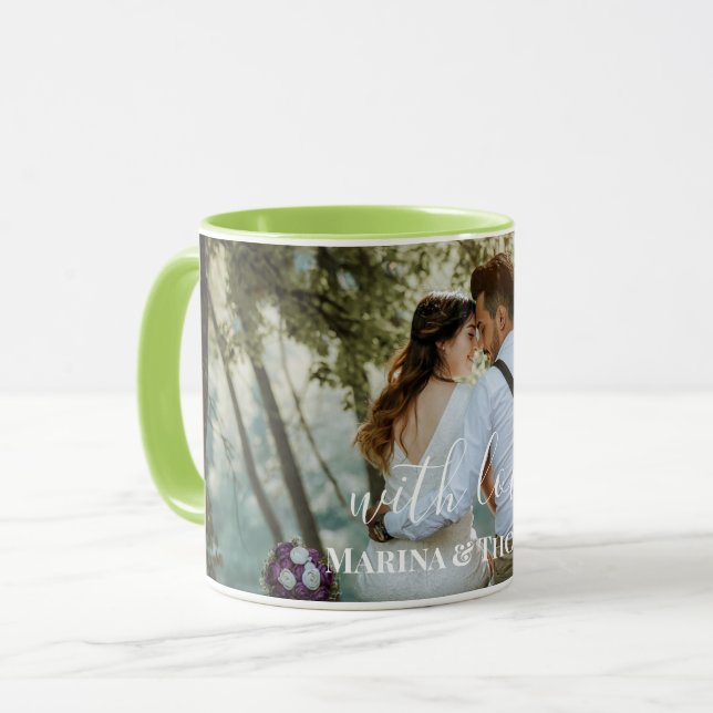 Personalisiertes HochzeitsFoto mit moderner Kallig Tasse (Vorderseite Links)