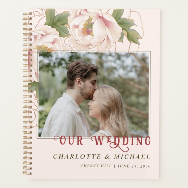 Personalisiertes HochzeitsFoto Rosa Pink Peony Flo Planer (Vorderseite)