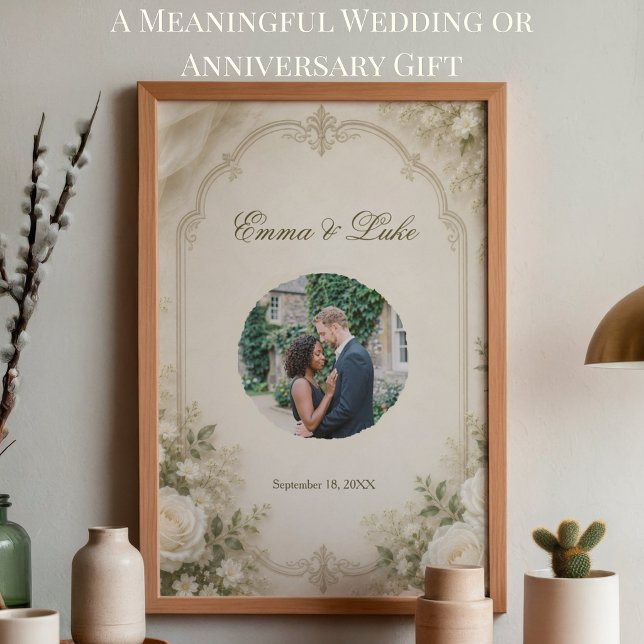 Personalisiertes Hochzeitsfotoplakat | Elegante Bl Poster (Personalized wedding photo poster with elegant floral design for reception and home decor)