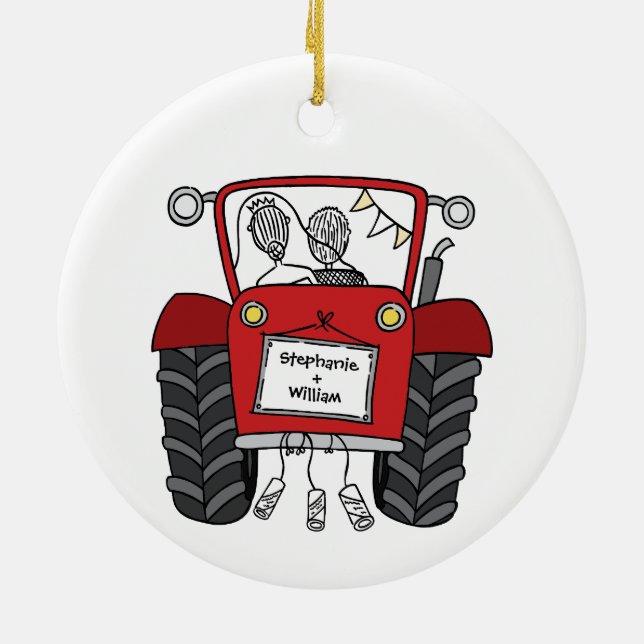 Personalisiertes Hochzeitsgeschenk für Red Tractor Keramik Ornament (Hinten)