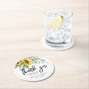 Personalisiertes Hochzeitsgeschenk Sonnenblume Grü Runder Pappuntersetzer