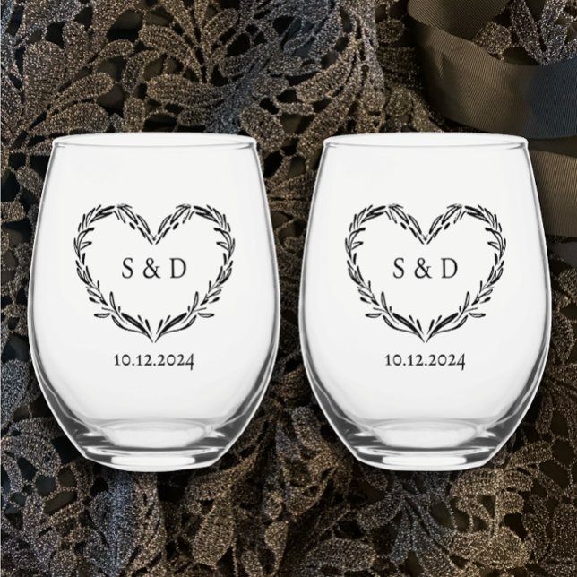 Personalisiertes Hochzeitsohlenherz Weinglas Ohne Stiel (Couples monogram keepsake glasses. Hand drawn heart, modern custom text date botanical unique gift
)