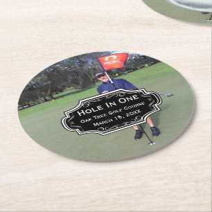 Personalisiertes Hole-In-One-Golf-Foto und Statist Runder Pappuntersetzer
