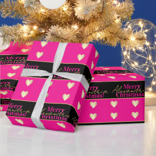 Personalisiertes Hot Pink Schwarz Gold Herz Weihna Geschenkpapier