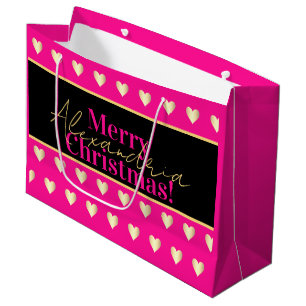 Personalisiertes Hot Pink Schwarz Gold Herz Weihna Große Geschenktüte