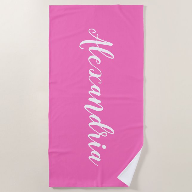 Personalisiertes Hot Pink weiß Strandtuch (Vorderseite)