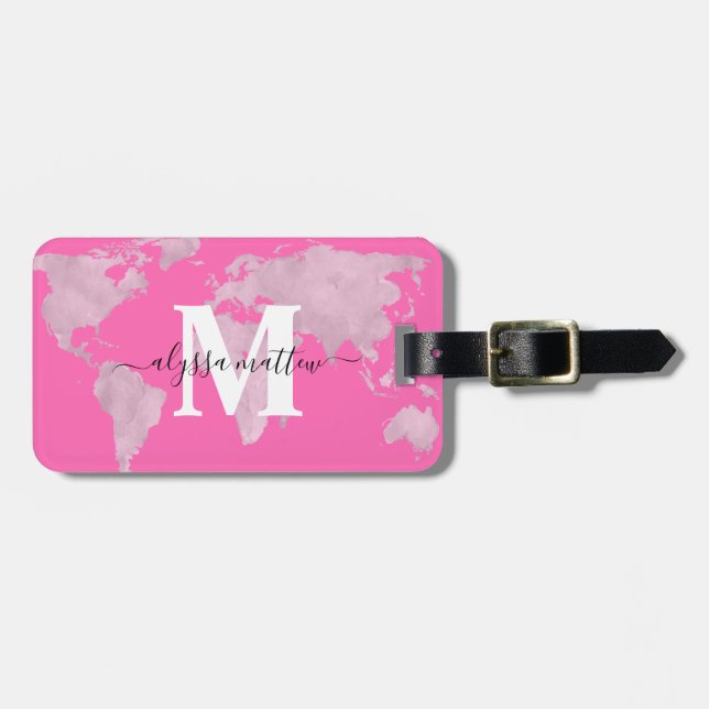 Personalisiertes Hot Pink Weltkarte Gepäckanhänger (Vorderseite horizontal)