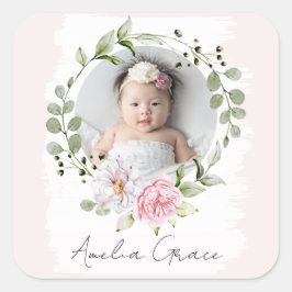 Personalisiertes Hübsch Blush Floral Baby Girl Fot Quadratischer Aufkleber