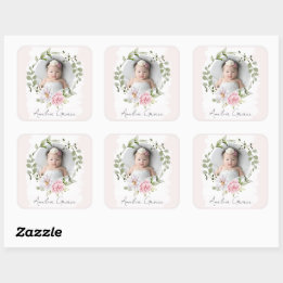 Personalisiertes Hübsch Blush Floral Baby Girl Fot Quadratischer Aufkleber