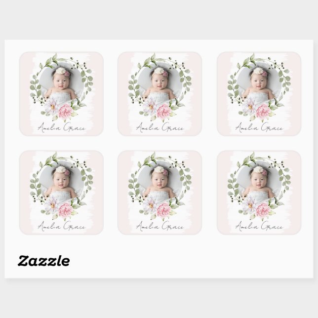 Personalisiertes Hübsch Blush Floral Baby Girl Fot Quadratischer Aufkleber (Blatt)