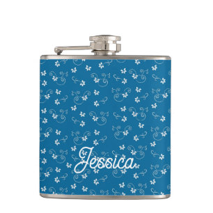 Personalisiertes hübsches blaues Blumenmuster Flachmann