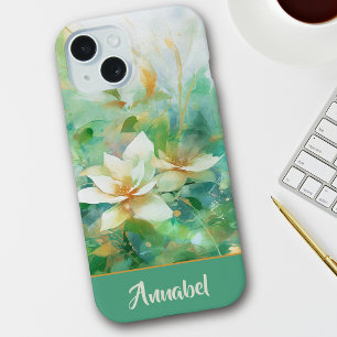 Personalisiertes hübsches florales Wasserfarben-Gr iPhone 15 Hülle