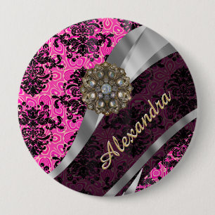 Personalisiertes hübsches girly rosa Damastmuster Button