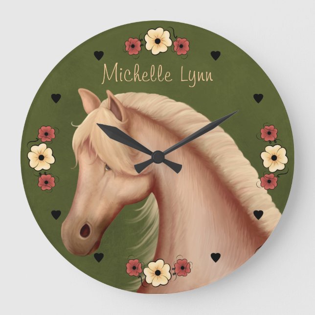 Personalisiertes Hübsches Palomino Pony n Blume Große Wanduhr (Vorderseite)