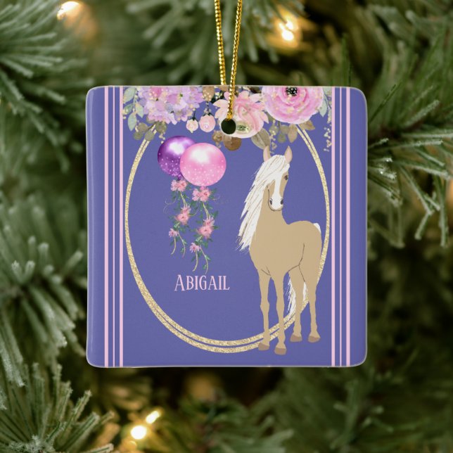Personalisiertes Hübsches Pferd Pink und Periwinkl Keramikornament (Baum)