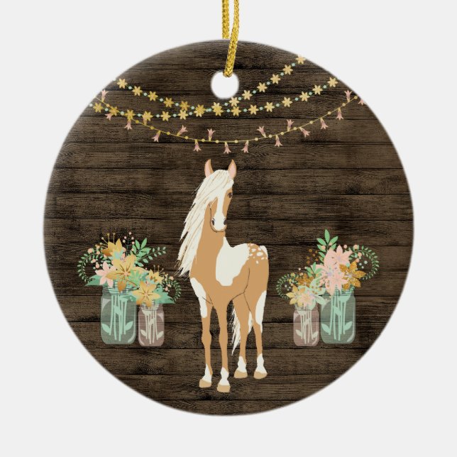 Personalisiertes Hübsches Pferd und Blume Rustikal Keramik Ornament (Vorne)
