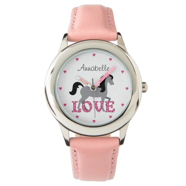 Personalisiertes Hübsches Pferd und rosa Liebe Armbanduhr (Vorderseite)