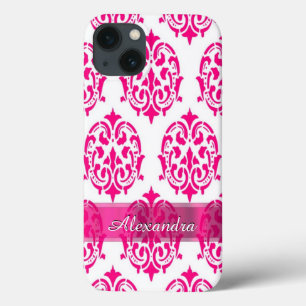 Personalisiertes hübsches Rosa und weißer Damast iPhone 13 Hülle