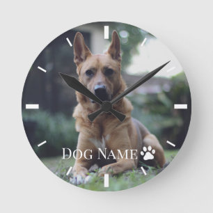 Personalisiertes Hunde- oder Welpenfoto-Namens-Pfo Runde Wanduhr
