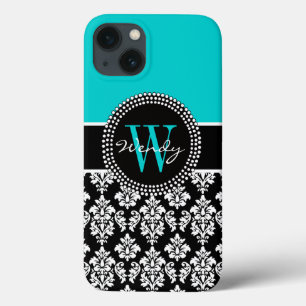 Personalisiertes Initial Aqua Schwarz Damastmuster Case-Mate iPhone Hülle
