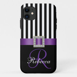 Personalisiertes Initial lila schwarzes Streifenmu iPhone 11 Hülle