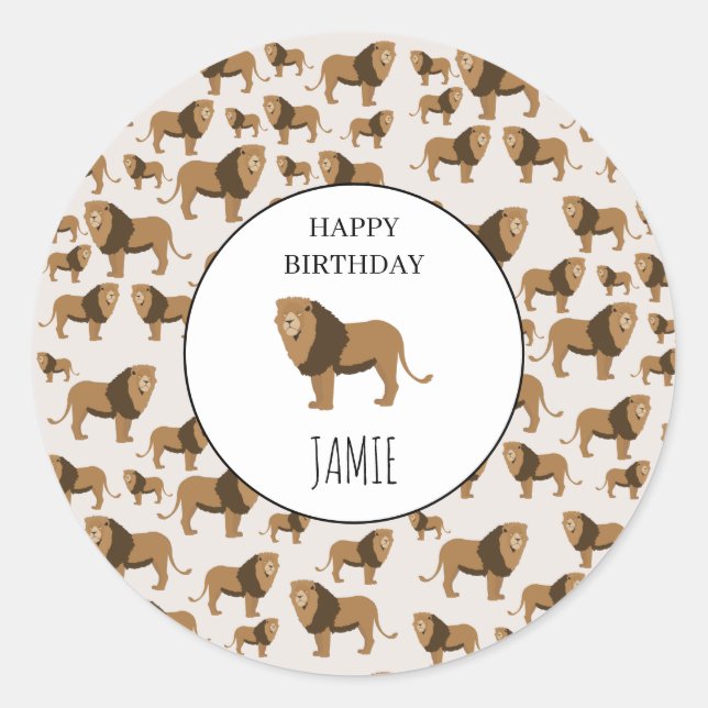 Personalisiertes Jungle Lion Tiermuster Geburtstag Runder Aufkleber (Vorderseite)