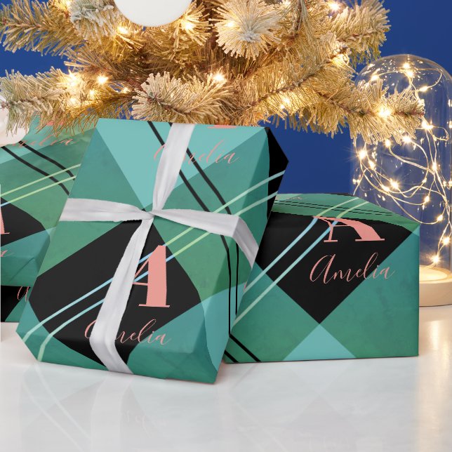 Personalisiertes Kariertes Grün Geschenkpapier (Feiertage)