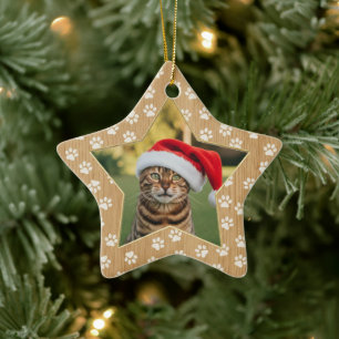 Personalisiertes Katzenfoto Stern Pfotenabdrücke F Keramik Ornament