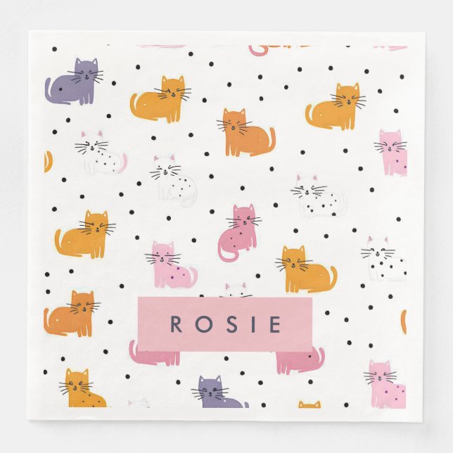 Personalisiertes Katzenmuster mit Polka-Punkten Serviette (Vorderseite)