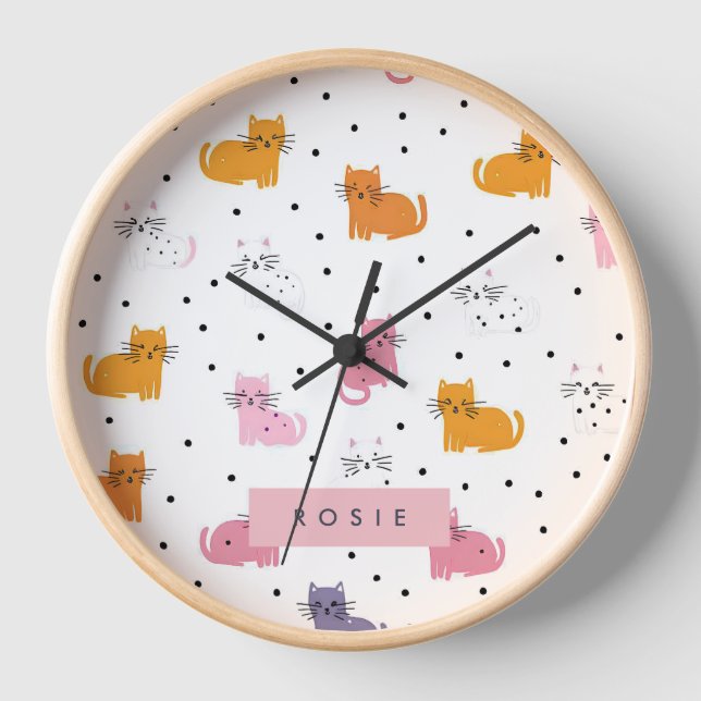 Personalisiertes Katzenmuster mit Polka-Punkten Uhr (Vorderseite)
