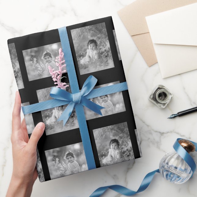 Personalisiertes Kind 2 Fotos Schwarz und Weiß Geschenkpapier (Schenken)