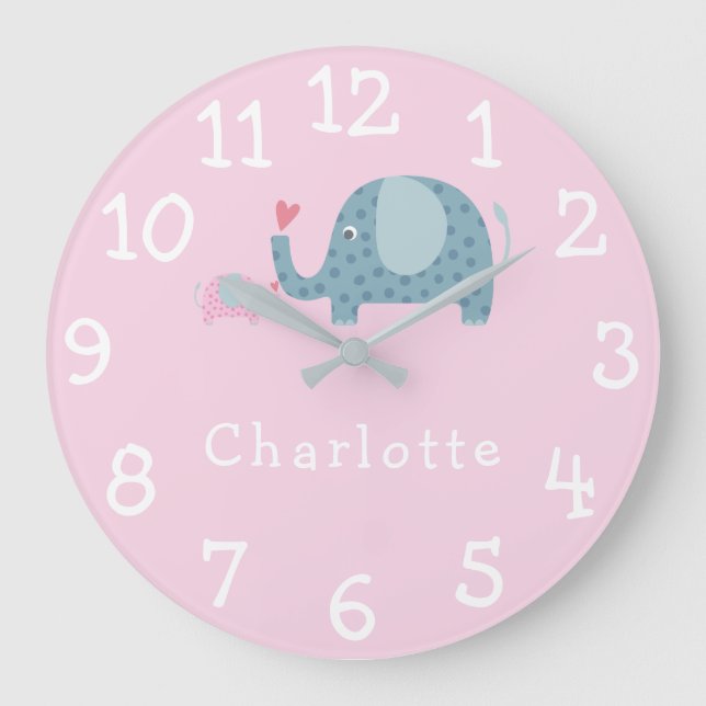 Personalisiertes Kinderzimmer Polka Dot Elefanten Große Wanduhr (Vorderseite)