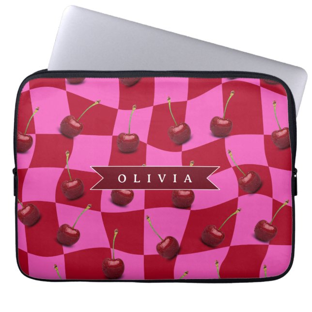 Personalisiertes Kirsch-Gingham Retro Individuelle Laptopschutzhülle (Vorderseite)