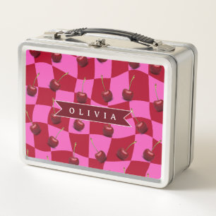 Personalisiertes Kirsch-Gingham Retro Individuelle Metall Brotdose
