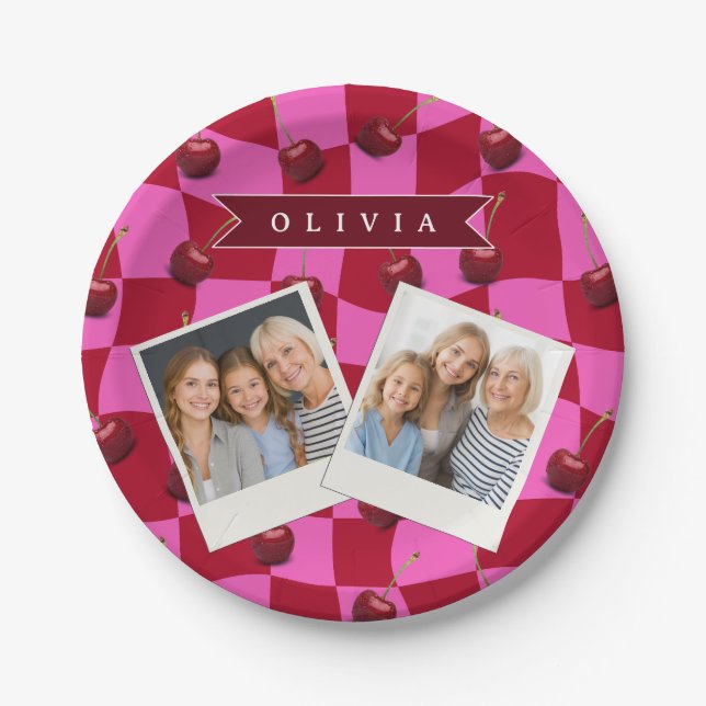 Personalisiertes Kirsch-Gingham Retro Individuelle Pappteller (Vorderseite)