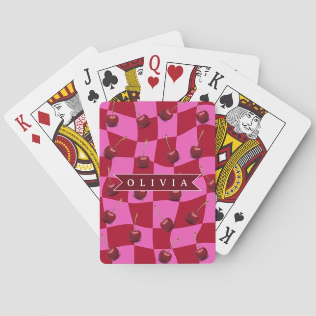 Personalisiertes Kirsch-Gingham Retro Individuelle Spielkarten (Rückseite)