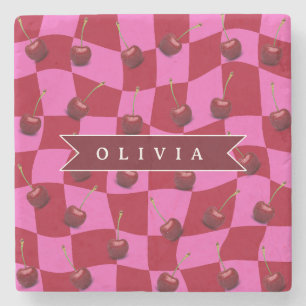 Personalisiertes Kirsch-Gingham Retro Individuelle Steinuntersetzer