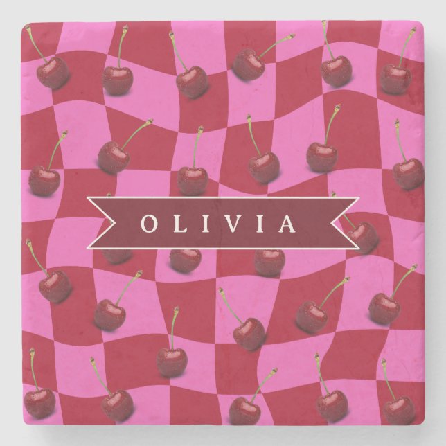 Personalisiertes Kirsch-Gingham Retro Individuelle Steinuntersetzer (Vorderseite)